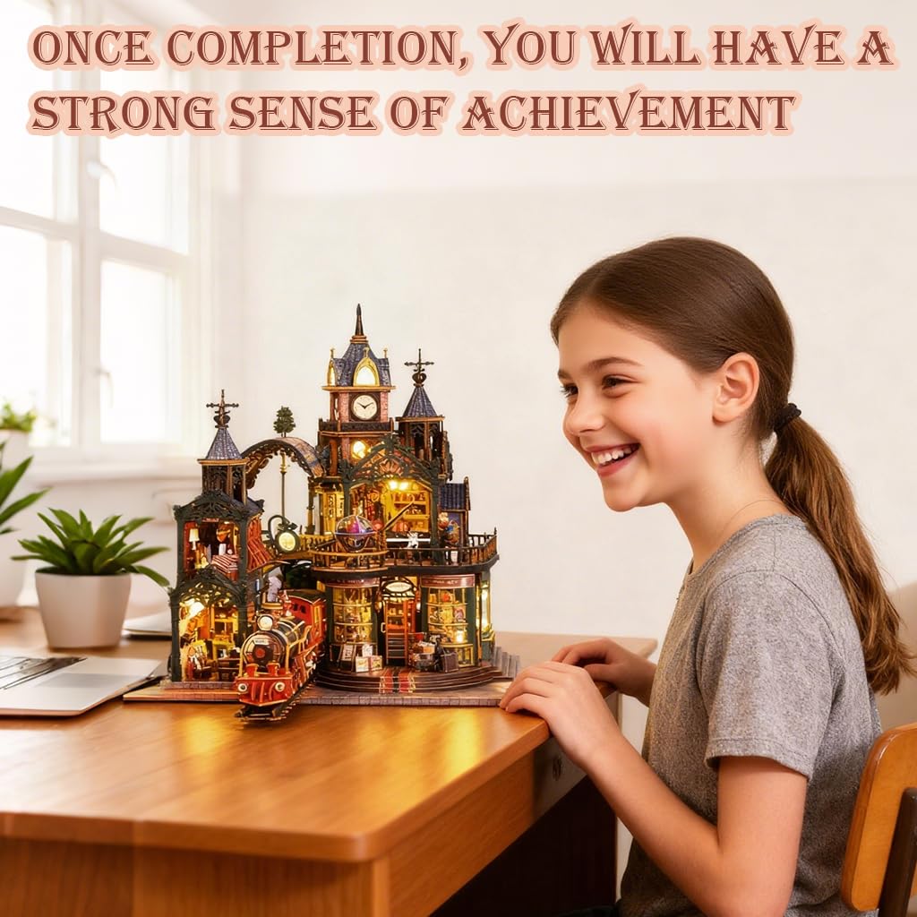 Miniaturowy zestaw domków dla dorosłych, mini zestaw do budowy domu z pociągiem parowym, miniaturowy zestaw DIY dla dorosłych, drewniany mini domek dla lalek na urodziny, Boże Narodzenie, tor kolejowy