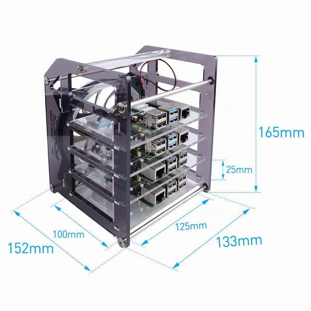 GeeekPi 4‑lagiges Acryl Cluster Gehäuse für Raspberry Pi, Rack Tower Gehäuse mit 120 mm RGB‑LED‑Lüfter (5 V), kompatibel mit RPi 4B/3B+/3B/2B/B+ und Jetson Nano