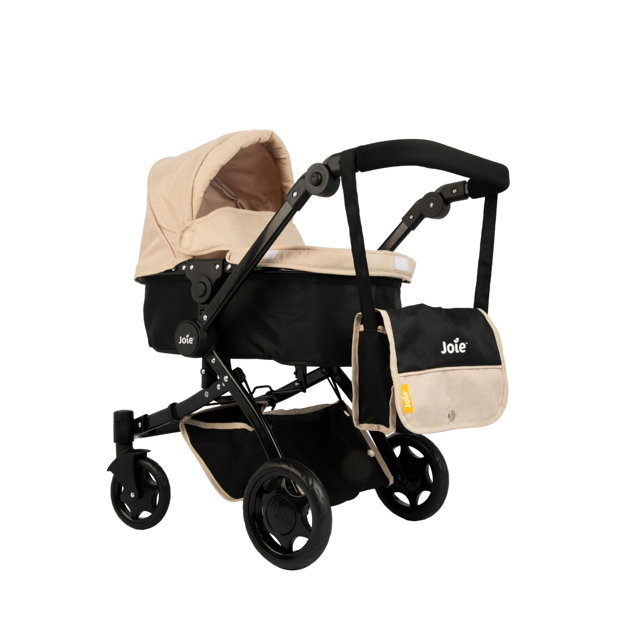 Joie Junior Chrome 3-in-1 Dolls Pram – Stone & Black | Convertible Carrycot, Pushchair & Pram | Foldable Dolls Pushchair with Storage | Adjustable Handle | Toy Pram for Children Aged 3+