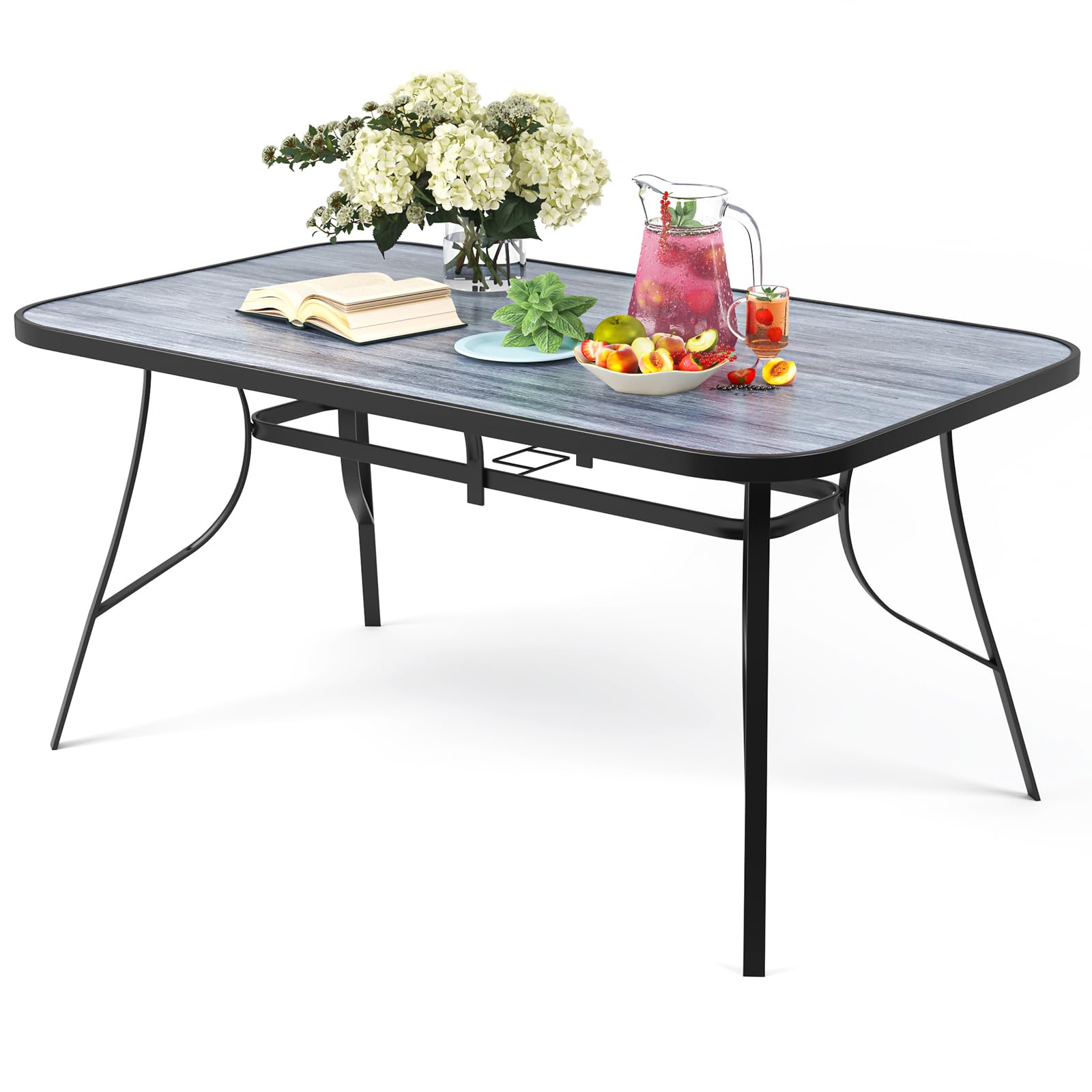 The Fellie Garden Table Patio Table with Parasol Hole Wood Grain Tempered Glass Top Outdoor Dining Table Rectangle Bistro Table