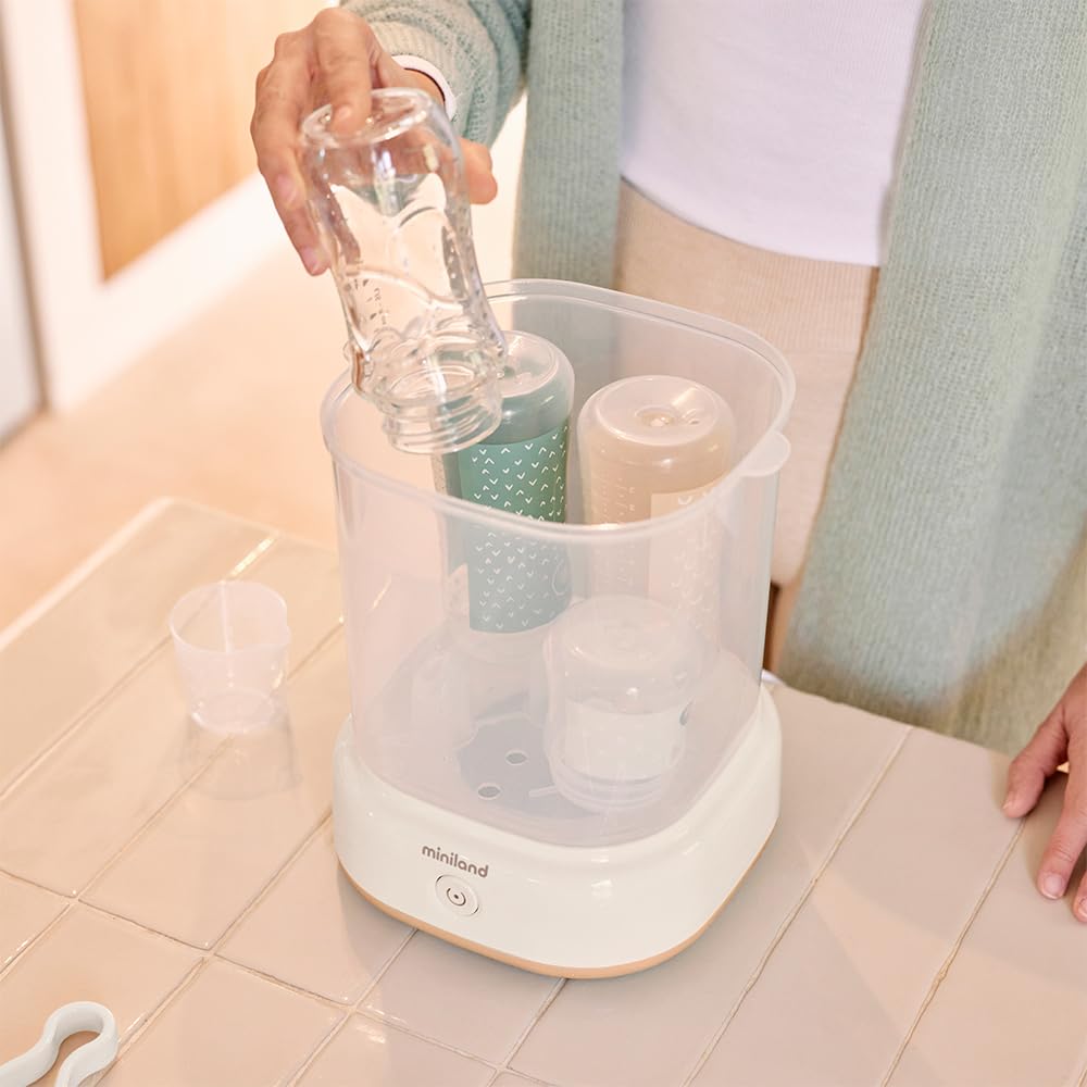 Miniland - Mini Steamy Sterilizzatore a vapore, grande capacità per biberoni, ciucci e tettarelle, unisex, adatto per lavastoviglie, automatico, senza sostanze chimiche (beige)