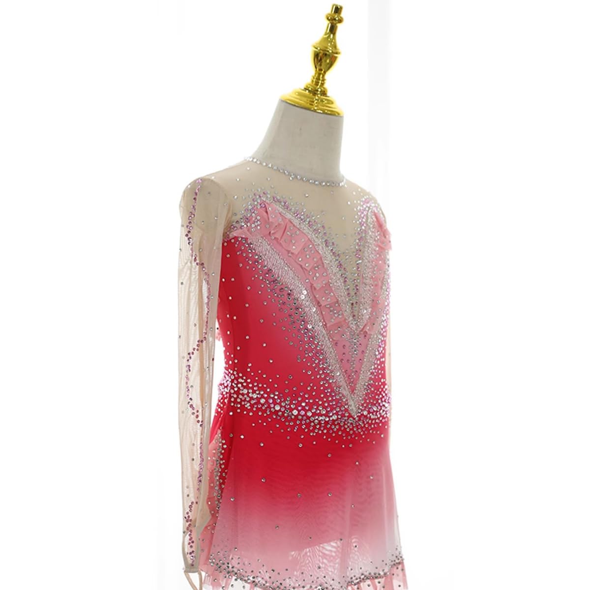 purpleq Glitzer Eiskunstlauf Kleid Damen Rosa Farbverlauf Langarm Kürkleid Strasssteine Ballerina Kleid Latein Tanzkleid Wettbewerb Tanzkostüm Wettbewerb Tanzkostüm