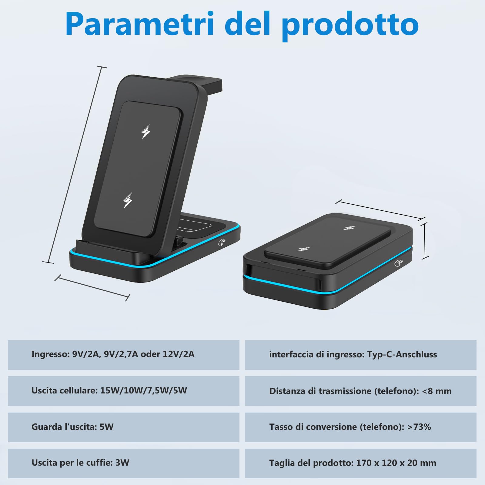 Stazione di Ricarica Wireless 3 in 1, Caricatore Pieghevole Wireless con Adattatore, Stand di Ricarica Multipla 15W Max per iPhone/Samsung/Apple Watch/Apple Earphones (Nero)
