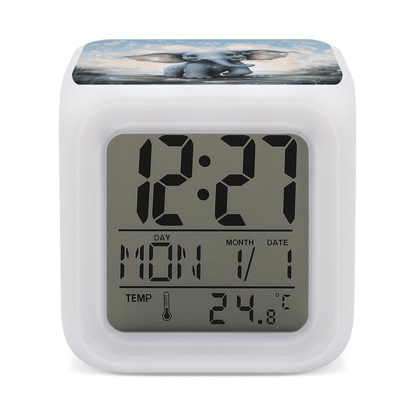 JTREHY 7 Color Changing LED Digital Alarm Clock,Cute Elephant Play Bubbles Printed Wake-up Clock with Temperature Display Home Decoration Alarm Clock for Bedroom Office