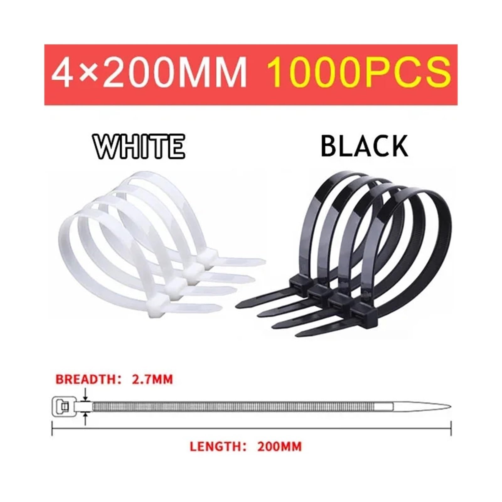Bridas de nylon ABS con cierre automático, Brida for cables autoblocante de nailon, varios tamaños, blanco y negro, paquete 1000/5000/10000 unidades(4x200mm,Black(1000PCS))