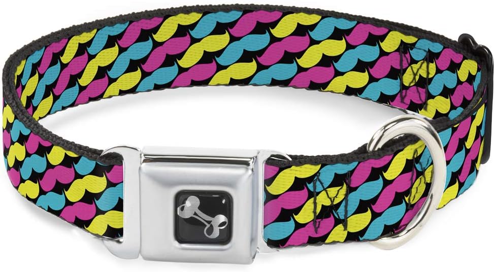 Dog Collar Seatbelt Buckle Mustache Monogram Black Fuchsia Turquoise Yellow 16 to 23 Inches 1.5 Inch Wide