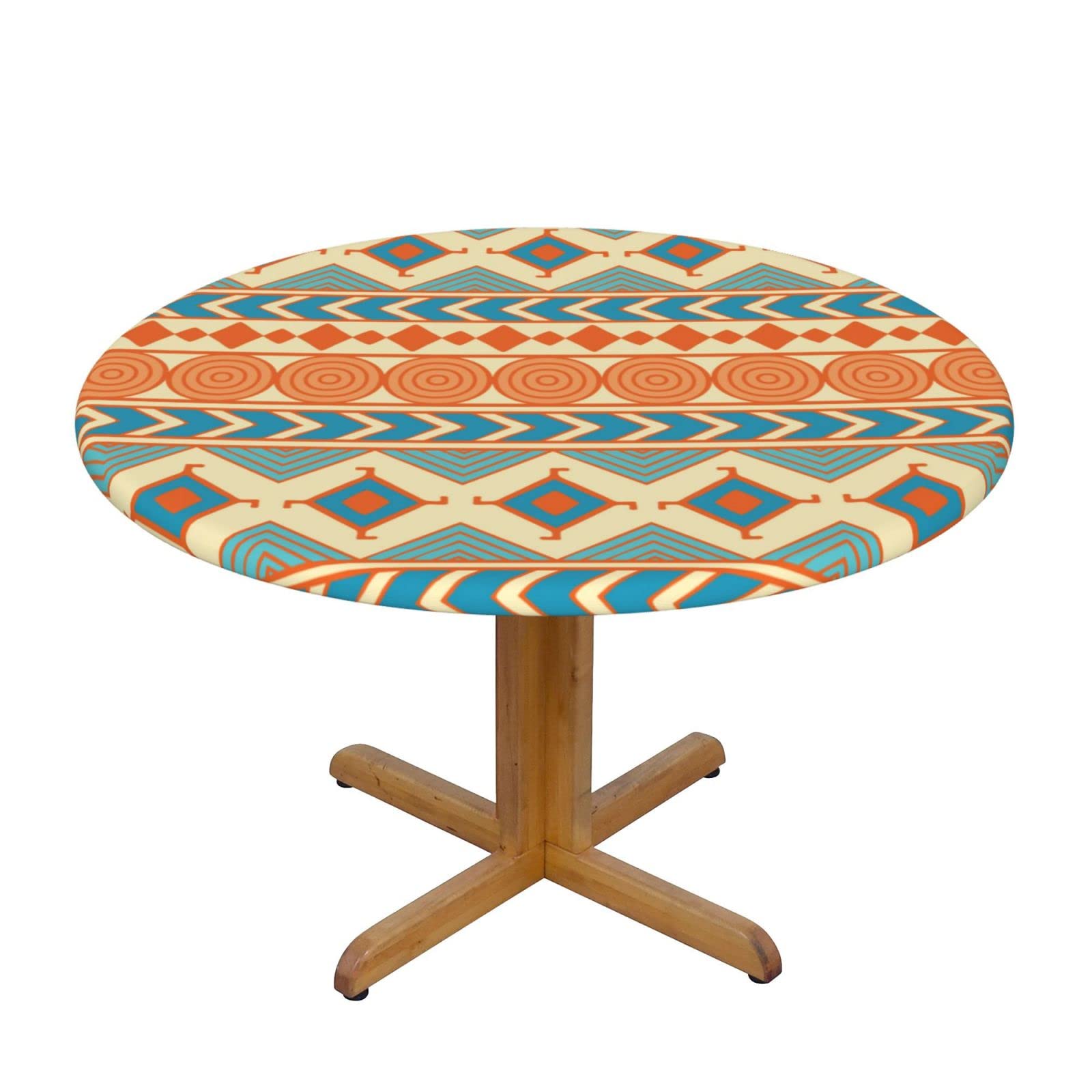 Lsjuee Round Fitted Tablecloth 45-50in Elastic Edged Table Cloth for Kitchen Dining Party Home Decor - Tribal Ethnic Abstract Geometric Brownish