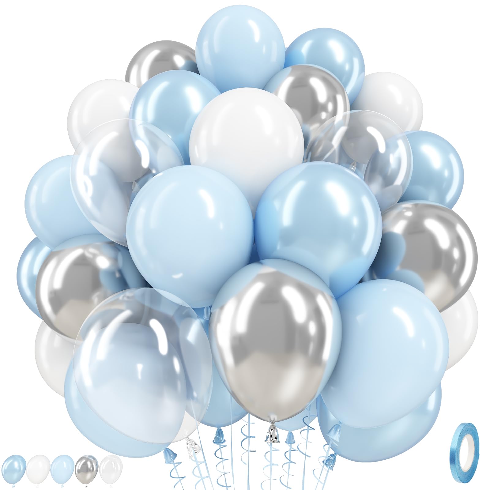Blue and White Balloons, 12 Inch Baby Pastel Light Blue White Metallic Silver and Clear Latex Balloons for Boy Baby Shower Birthday Bridal Wedding Graduation Wonderland Winter Holiday Party Decoration