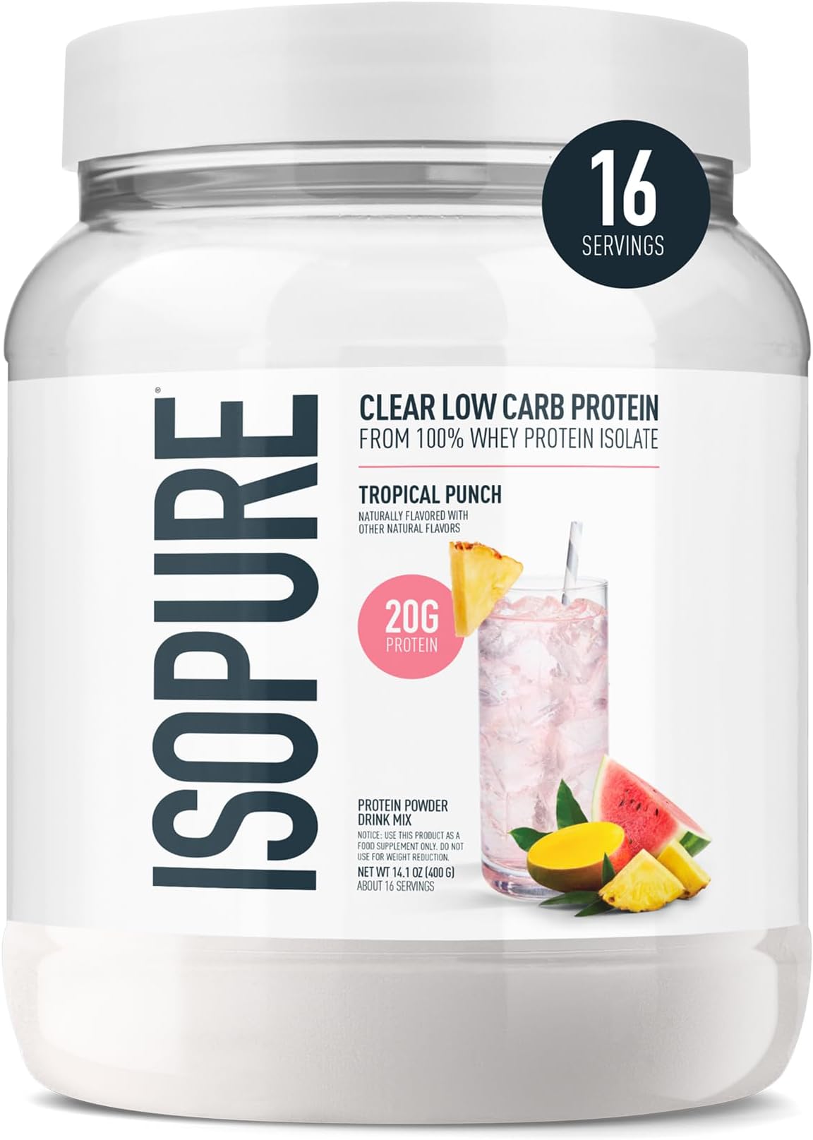 Protein Powder, Clear Whey Isolate Protein, Post Workout Recovery Drink Mix, Gluten Free with Zero Added Sugar, Infusions- Tropical Punch, 16 Servings