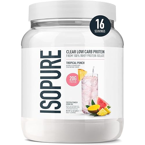 Isopure Clear Whey Isolate Protein Powder, Lactose Free, Gluten Free, Naturally Flavored, Tropical Punch, 20g Protein Per Serving, 14.1 Oz, 16 Servings (Packaging May Vary)
