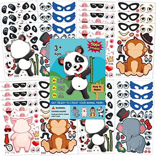 Mocossmy Make a Face Stickers Sheets,24 Sheets Make Your Own Panda Monkey Pig Mix and Match Animal Stickers,DIY Stickers for Kids Art Crafts School Rewards Birthday Party Favor Supplies Games