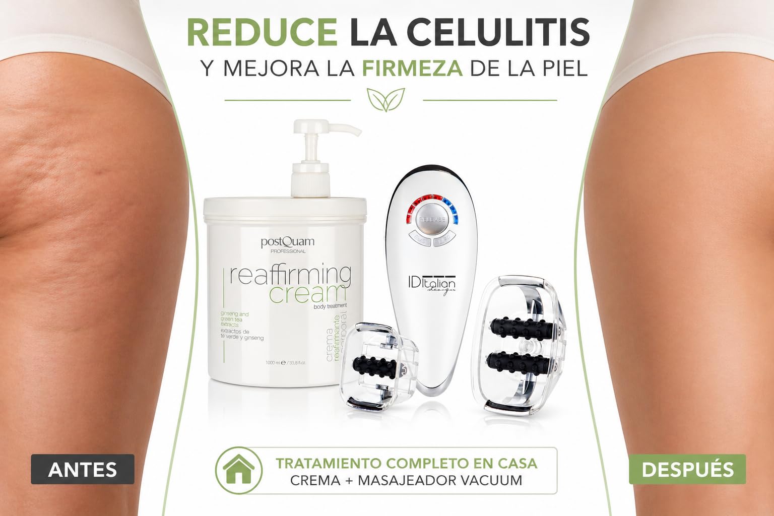 PostQuam Professional - Tratamiento Anticelulitis Completo en Casa – Crema Reafirmante 1000 ml + Masajeador Corporal Vacuum – Reduce Celulitis, Activa Circulación y Mejora la Firmeza de la Piel
