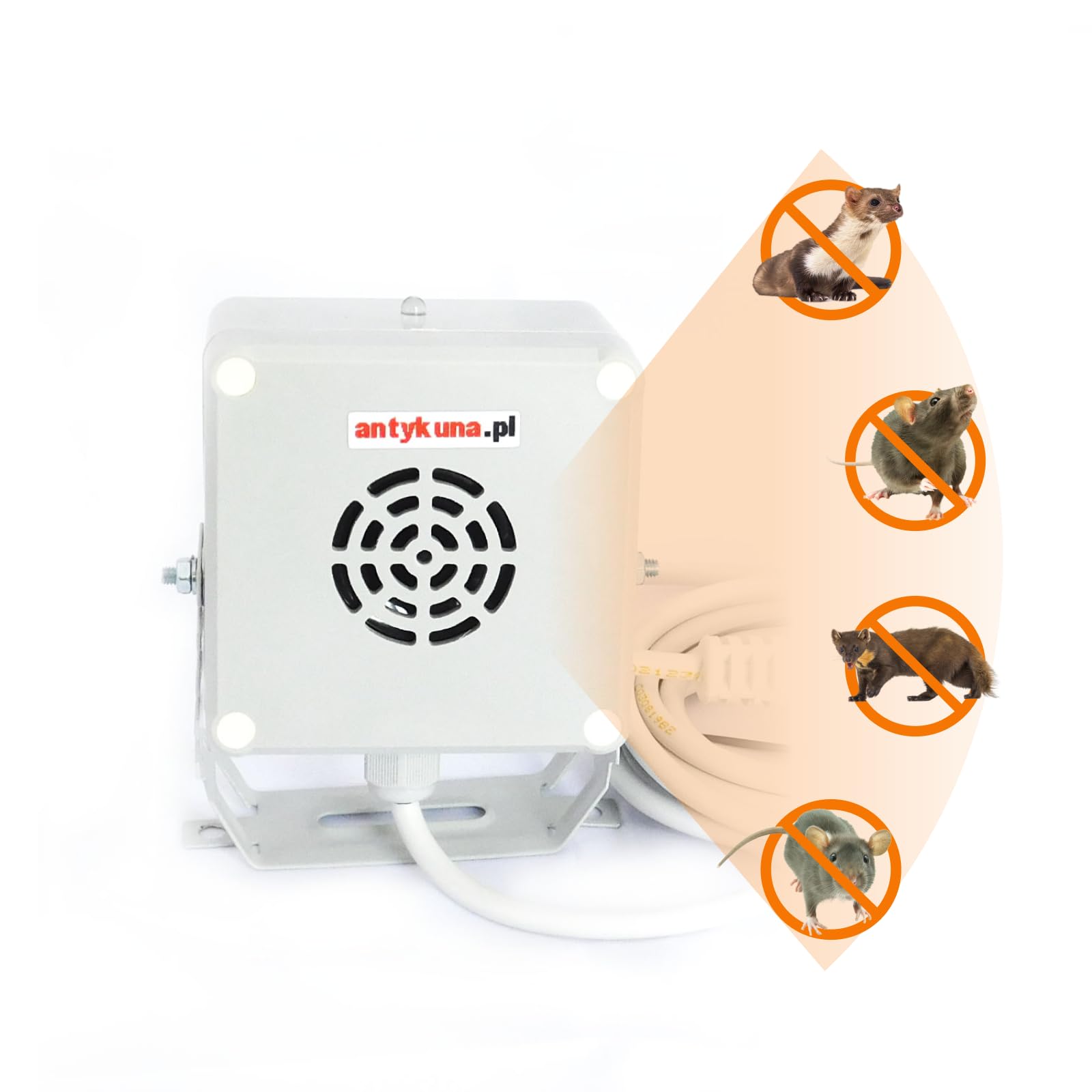 ANTYKUNA LIGHT&FLASH Hermetyczny odstraszacz kun 230V – ultradźwiękowy odstraszacz na narożnik i ścianę domu | cichy, z diodą LED | do 10 m | IP54D