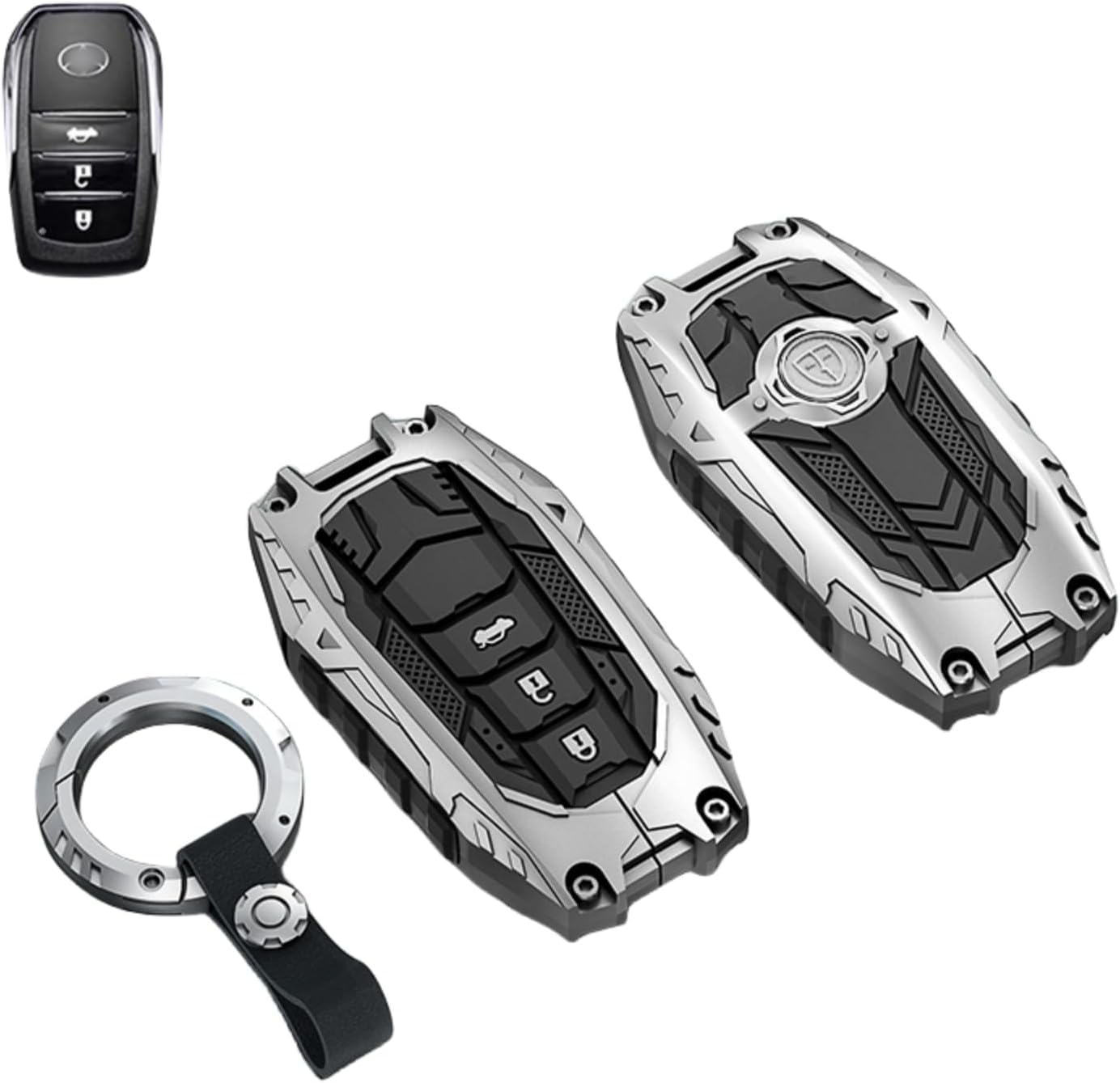 Heavy Metal Key Fob Cover Case Protector for Toyota, Keychain, Accessories for Toyota 2019-2024 Venza, RAV4 Prime, Land Cruiser, Fortuner, Grand Highlander, Corolla Cross, Hilux(Type-A Silver)