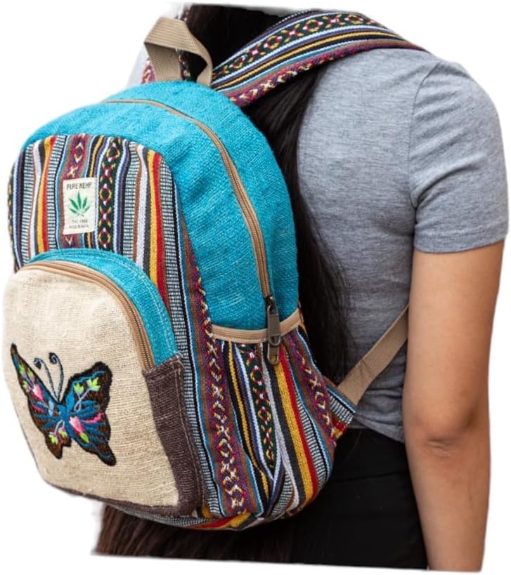 Hemp Backpack | 100% Pure Hemp - All Natural Handmade Multi Pocket Small Laptop Backpack | Travel Backpack - For Women and Men | Laptop Sleeve -Water Bottle Pockets | Boho Hippie - Butterfly