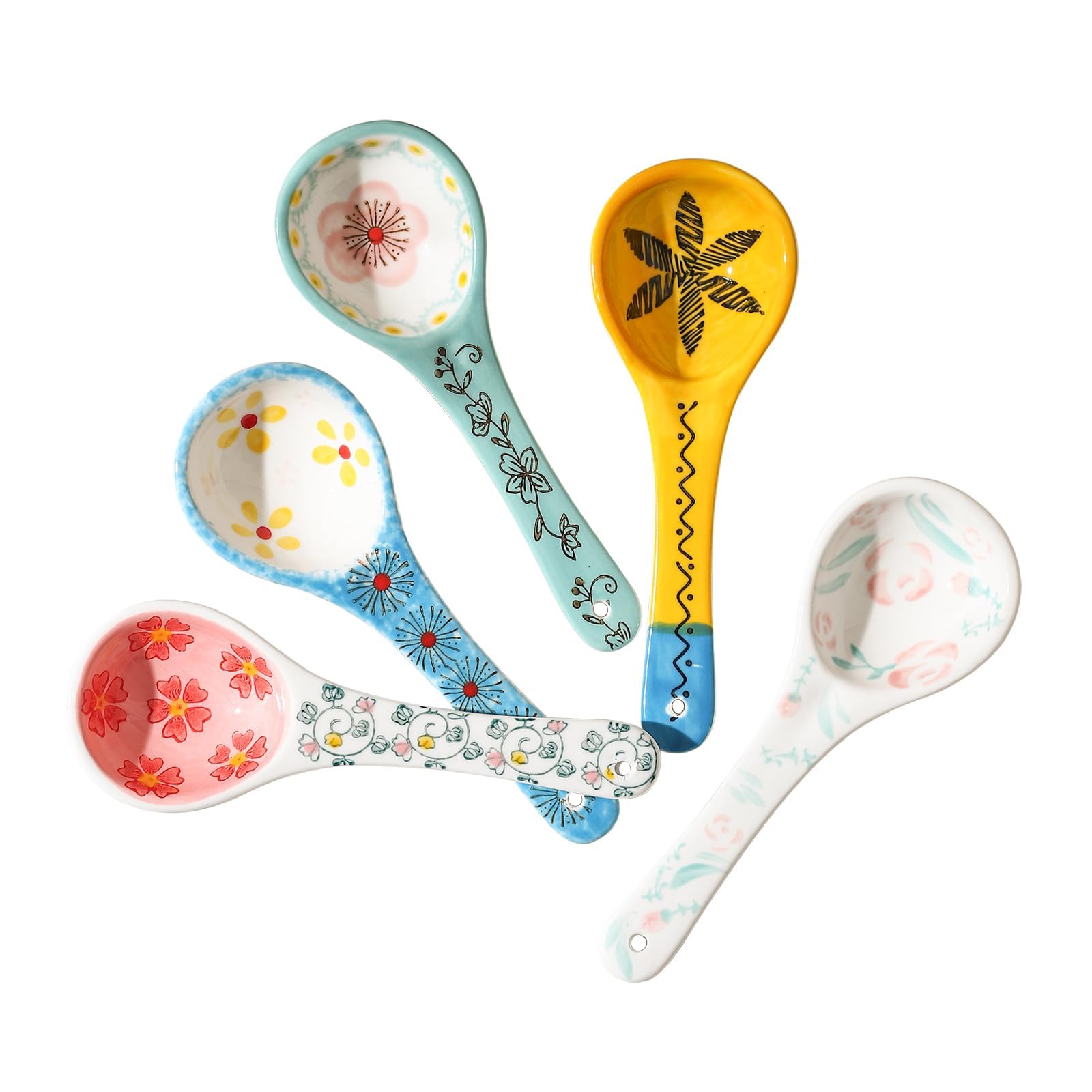 NALACAL 5 Pcs Flower Themed Spoons with Short Handle, 5.5 Inch Small Ceramic Spoons for Dessert/Sauce/Soup, Cute Serving Spoon Set, Colorful