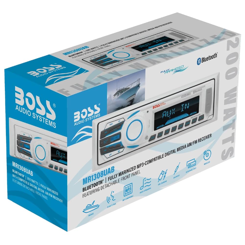 Kit Set para Boss Audio Systems MR1308UAB Radio Single DIN, Receptor Digital Am/FM, estéreo, AUX/USB/MP3, con Bluetooth, para embarcaciones y Botes, 1 Unidad + Accesorios gratuitos