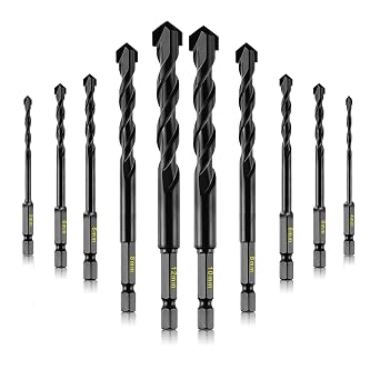 10-Piece Masonry Drill Bits Kit for Concrete, Stone, Carbide Drill Bit Set for Glass, Brick, Tile, Plastic, Ceramic and Wood Size 4 to 12 mm