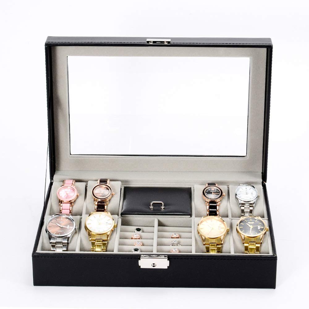 Aufbewahrungsbox für Uhrendisplays mit Glasdeckel und Ablage für Armbänder und Armreifen. Uhrenbox mit 8 Fächern. Aufbewahrungsbox für Schmuckuhren. Ideal für die Uhrenpräsentation im Schaufenster.