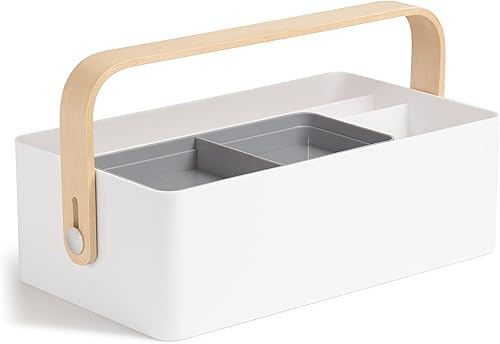 Miniatura 4 de U Brands Mod Caddy Organizador de escritorio, suministros de oficina, blanco, con bandeja extraíble, mango de álamo, 12.36 x 6.93 x 3.93 pulgadas