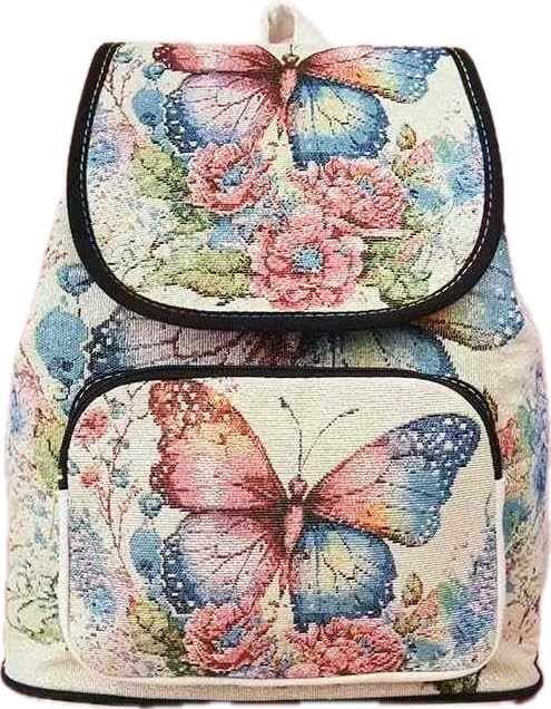 Butterfly Floral Canvas Backpack, White with Pink and Blue Print, Adjustable Straps