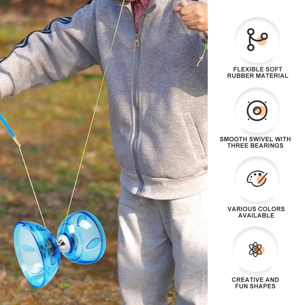 Diabolo, LED Diabolo Roulement à Billes, Kit de Jonglerie Triple Roulement avec 2 Paires de Baguettes à Main + 4 Kits de Cordes de Rechange, pour Débutants Professionnels, Bleu