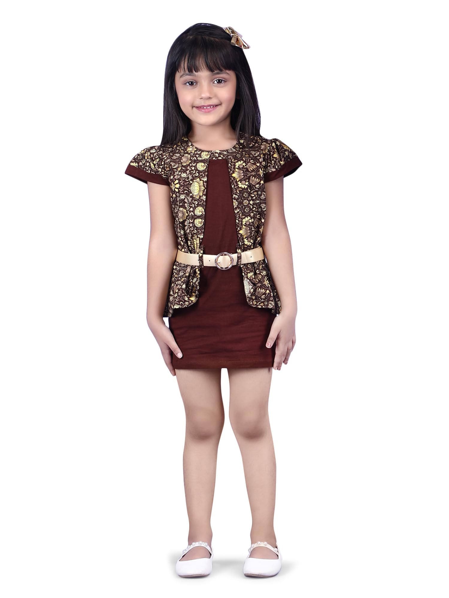 Dear Me Brown Color Printed Lycra & Polyester Above Knee Dress for Baby Girls and Teen Girls 3 Years to 16 Years