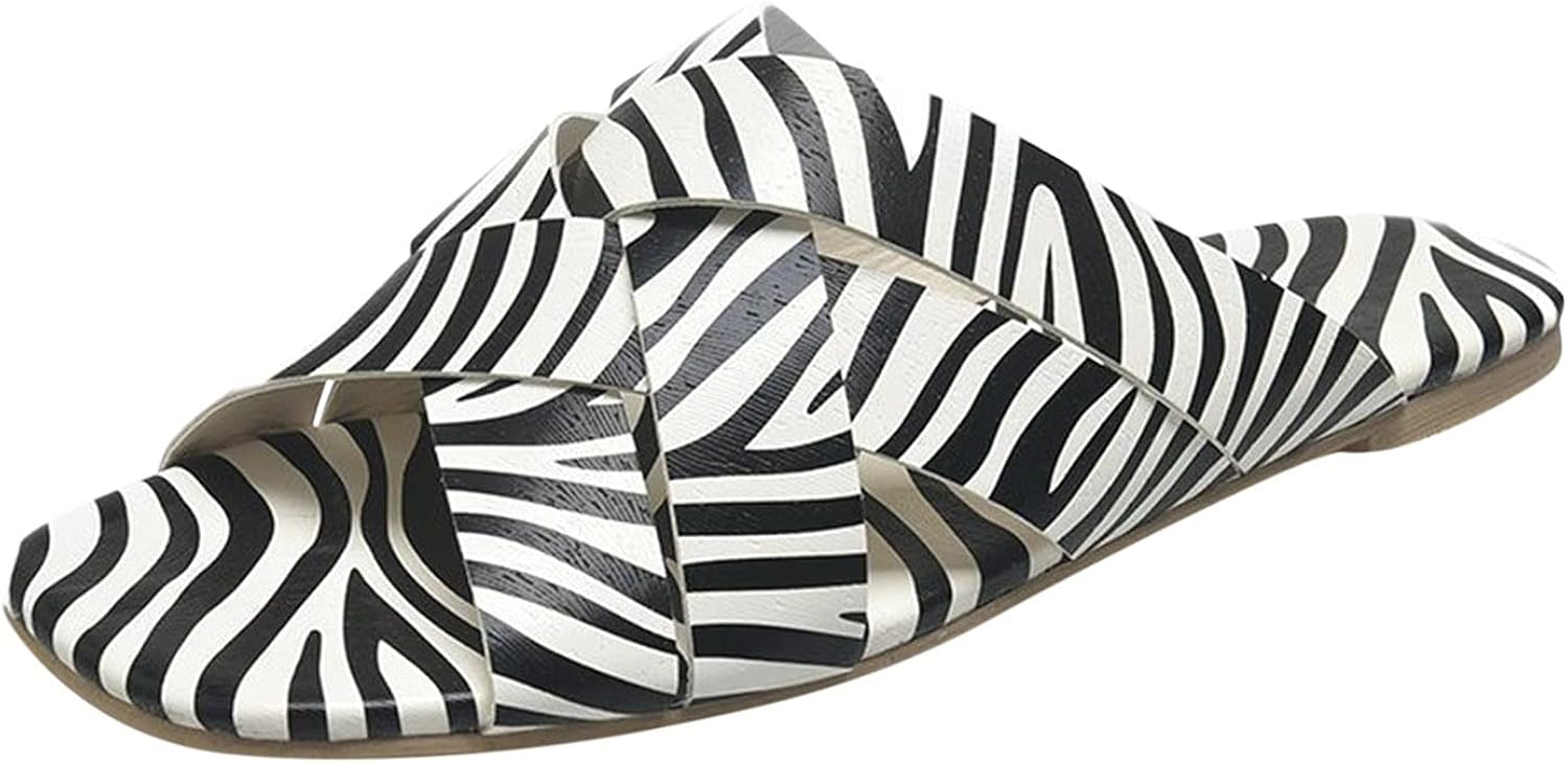 Womens Summer Sandals Zebra Pattern Flat Open Toe Casual