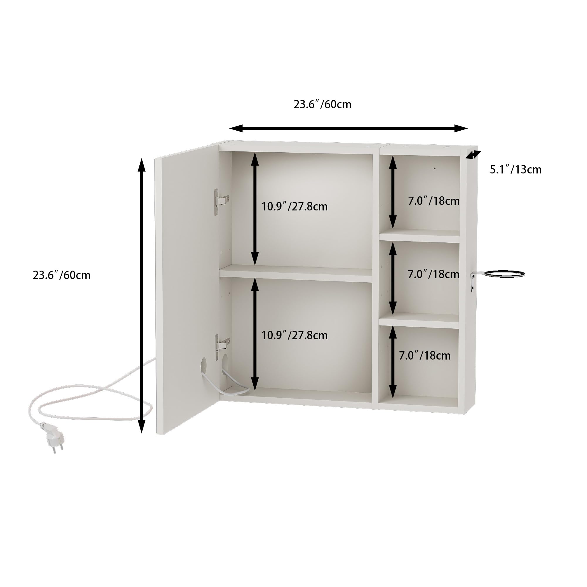 Armario Baño con Espejo LED iluminación y Función de desempañadora Armario Baño Espejo de Pared con 3 Estanteria Ajustables y Soporte para Secador de Pelo 60x60x15 cm Blanco