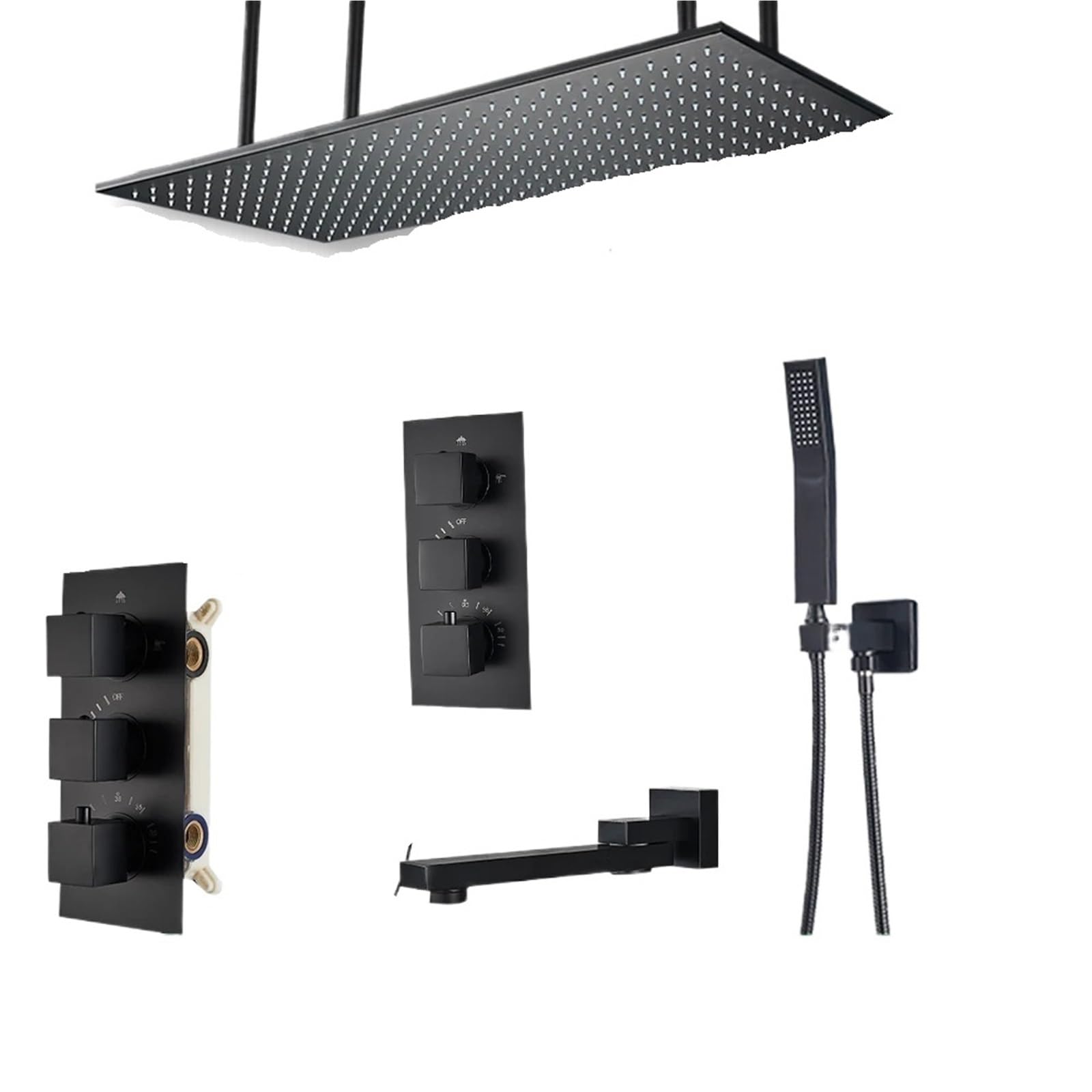 Mosiężna termostatyczna bateria prysznicowa, czarna, 40 x 80 cm, sufitowa, głowica deszczowa, bateria mieszająca, ukryta instalacja, baterie łazienkowe (3 sposoby 4080 bez LED)