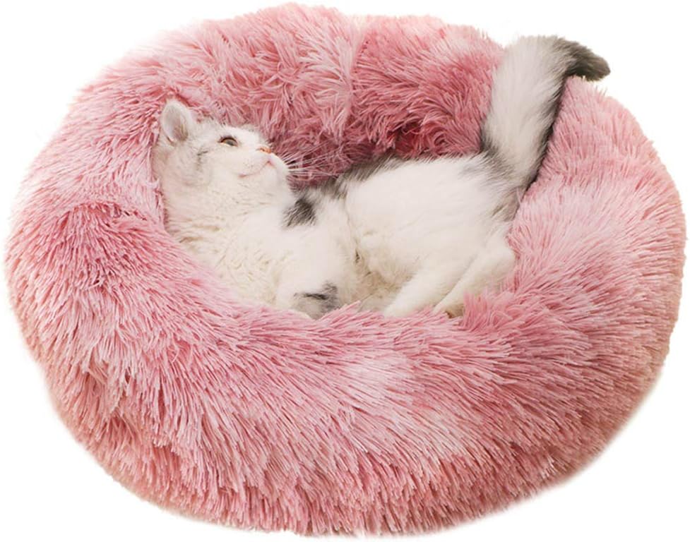 dfhdrtj Pet Cat Litter Kennel Plush Round Mat, Large and Medium-Sized Dogs and Cats Thicken and Lengthen, Warm Plush Soothing Pet Bedding(M Pink)