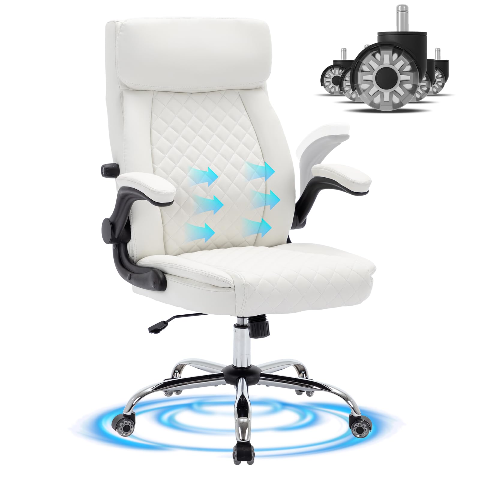 Photo 1 of Big and Tall Office Chair Ergonomic Executive High Back Computer Desk Chair, Adjustable Lumbar Support, Padded Flip-Up Arms, Leather Chair Swivel Rolling Chair with Upgraded Caster Wheels White