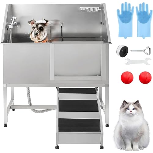 50" Professional Stainless Steel Dog Washing Station – Dog Bathtub with Ramp, Non-Slip Grate, Left Stairs & Sliding Door for Grooming Salons and Home Use