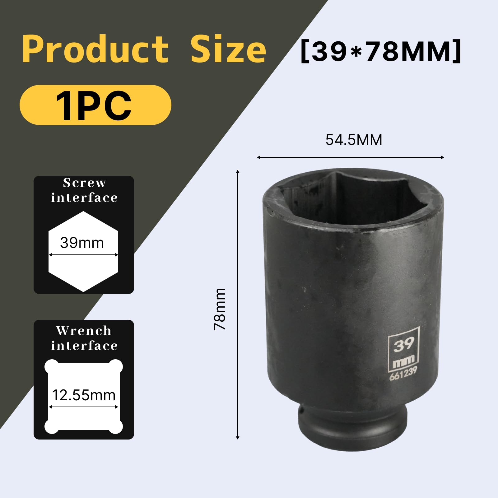 Flewdart 39mm deep Impact Socket 1/2 Drive, 39 mm 1/2" Square Drive 6 Point Cr-Mo, 78mm Length, 1/2 39mm - Image 2