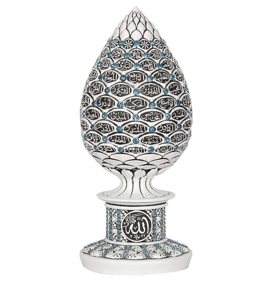 Gunes Islamic Table Decor Gold Egg Sculpture Figure Arabic 99 Names of Allah ESMA Asma al Husna (White/Turquoise, 7.5in)