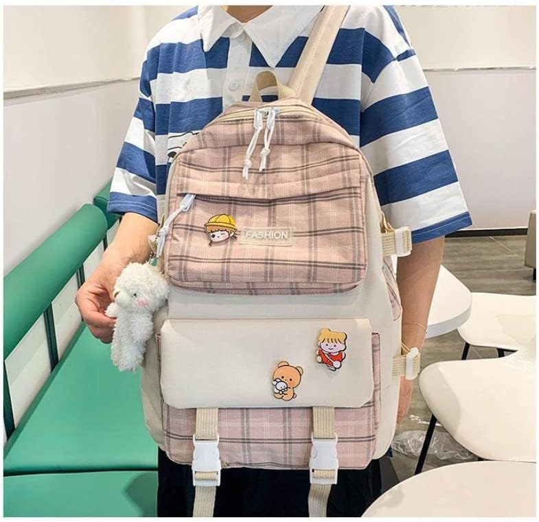 Miniatura 3 de Mochila Kawaii a cuadros para mujer, 5 unidades, con colgante de oso, bolsa de libros para el regreso a clases, bolsa de viaje casual, Rosado