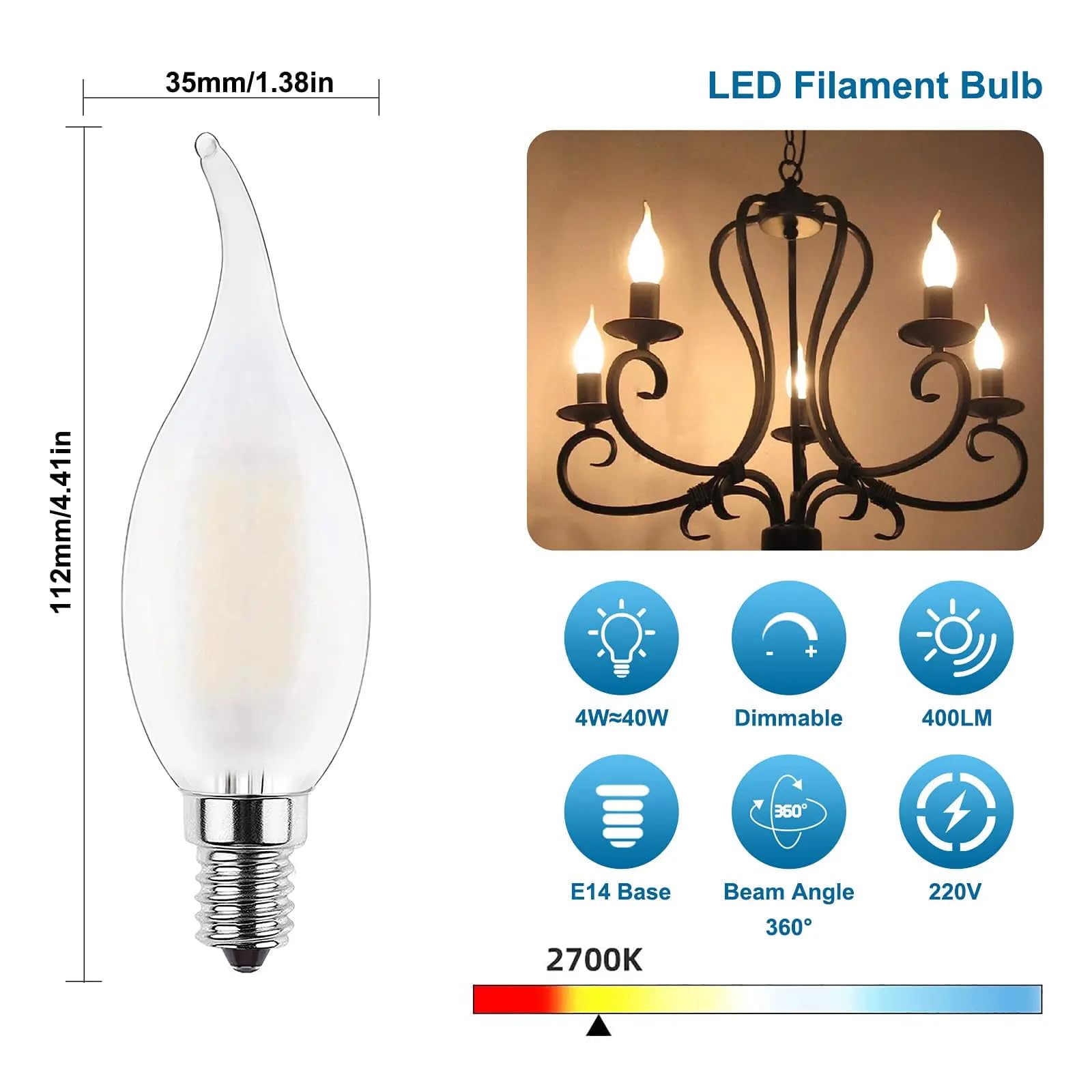 12 bombillas LED Edison de filamento C35, estilo retro, de vidrio esmerilado, E14, 6W, color blanco cálido, para iluminación de araña (punta redonda C35, E14, 220V, 6W)