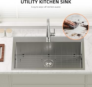 Bonnlo 33Inch Top mount Kitchen Sink Drop-in, Farmhouse Kitchen Sink with Sink Protector 18 Gauge, Workstation Sink, Stainless Steel Single Bowl Kitchen Sinks for RV, Travel Trailer, Garage, 33x22x9