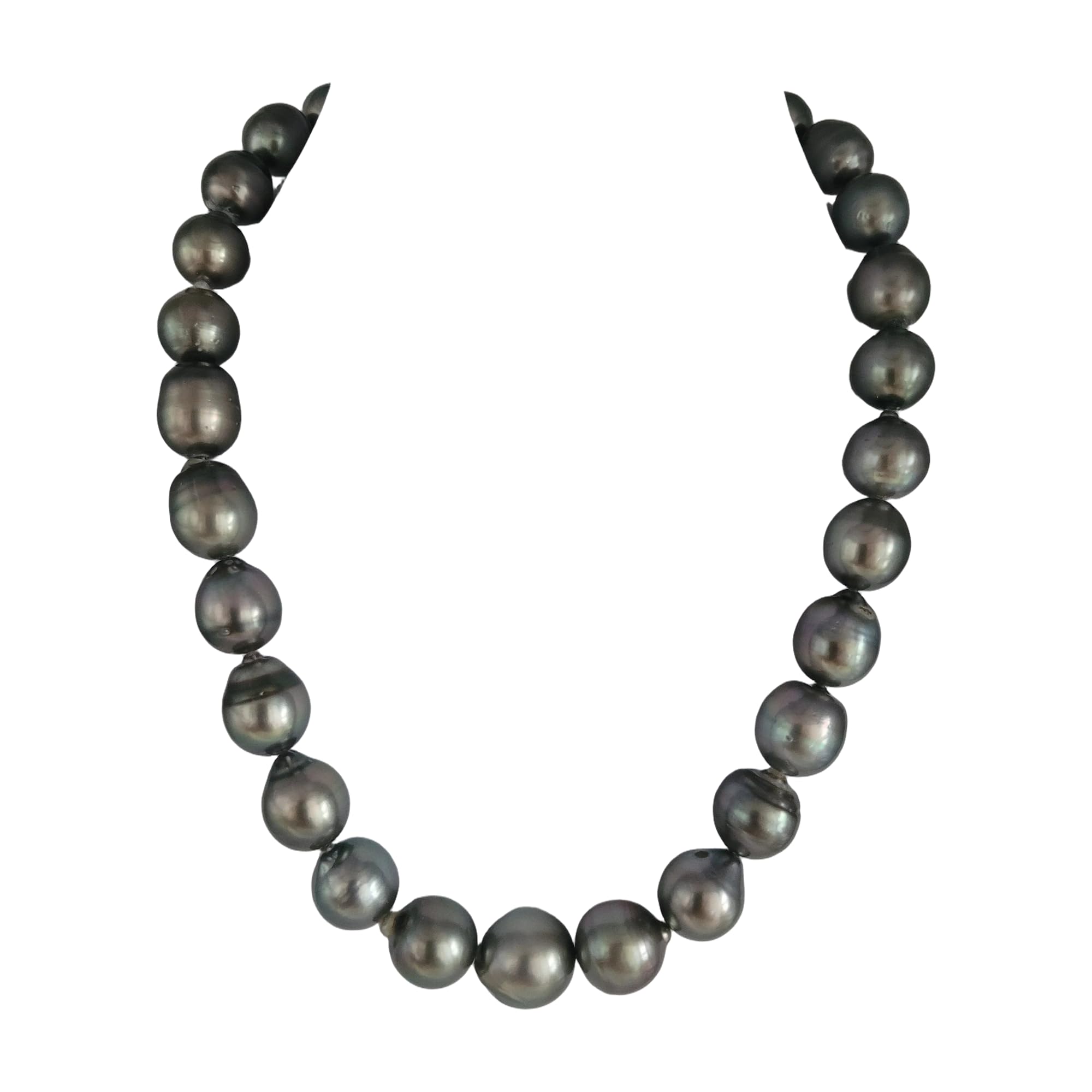 Naszyjnik z pereł Tahiti - 12-14 mm — ciemnoszary – półokrągły – srebro wysokiej próby 925