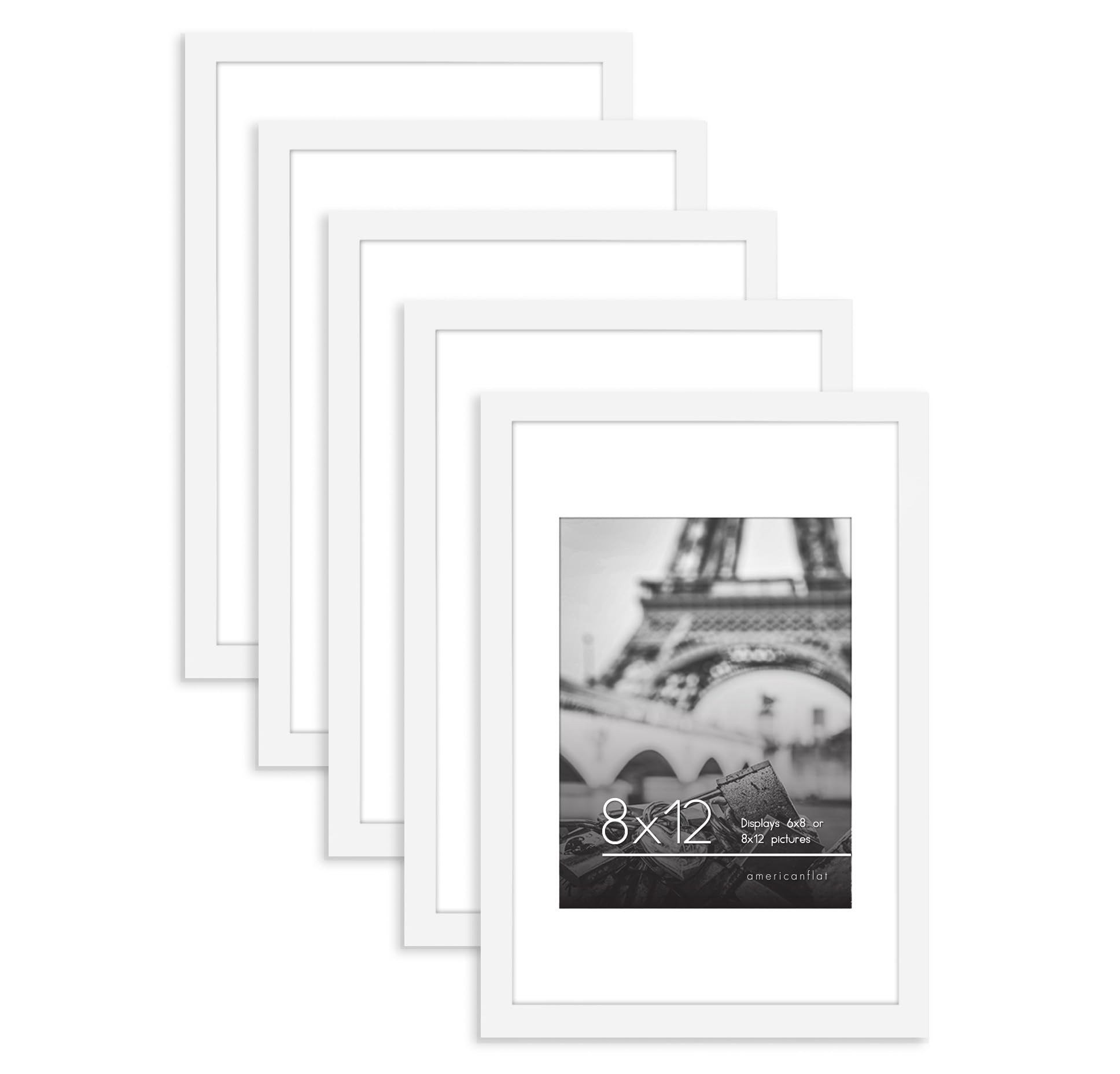 Americanflat 8x12 Picture Frame with Polished Plexiglass - Set of 5 - Use as 6x8 Frame with Mat or 8x12 Frame Without Mat - Galleria Collection - Gallery Wall Frame Set for Wall Display - White