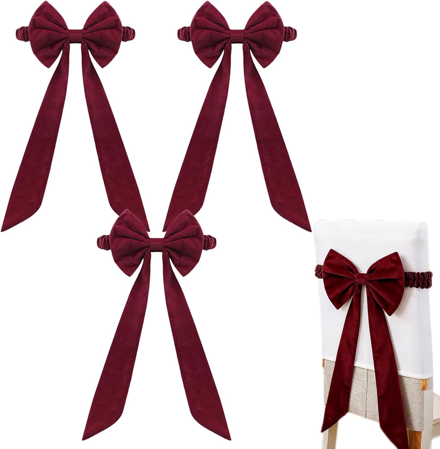 LIFECOSM Christmas Burgundy Velvet Chair Sashes, 11.8x29.5 Inch Burgundy Christmas Chair Bows with Elastic Band, Velvet Chair Decor for Christmas Banquet Wedding Events Holiday Event Decor (3)