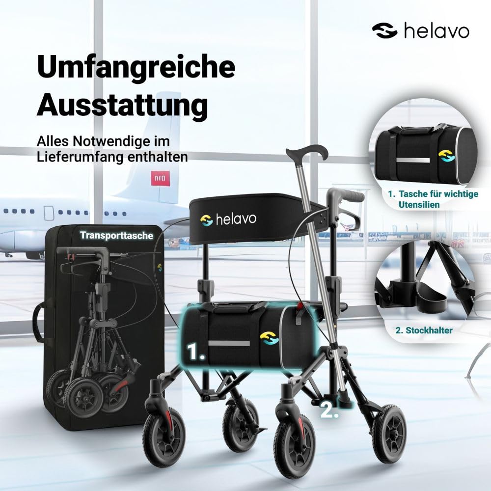 Helavo leichter Reiserollator mit Sitz & platzsparendem Klappmechanismus | Einfacher Transport dank ultrakompakter, doppelter Faltfunktion - Inkl Transportrucksack - Vollständig Aufgebaut - Nur 8,5 kg