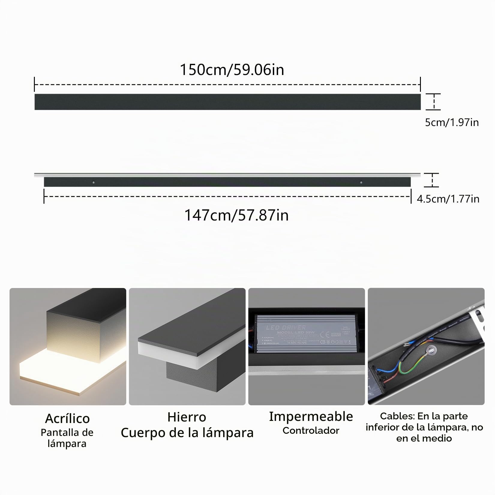 Klighten LED Aplique de Pared Largo Exterior, Negro Lámpara de Pared Interior, 150CM/45W Apliques de Pared, IP65 Hierro Moderna Luz de Pared, para Jardín Patio Salón Escalera, Blanco Cálido 3000K