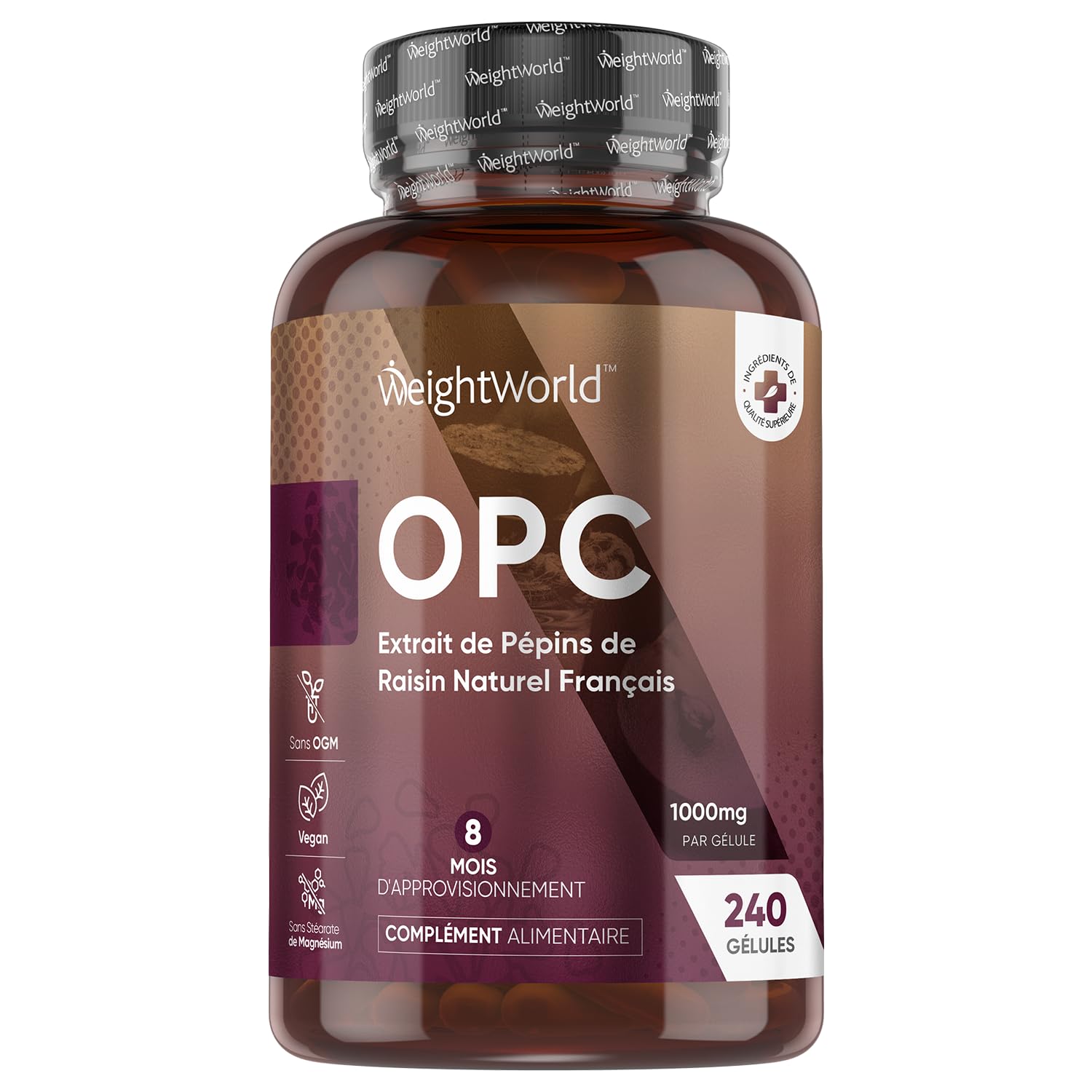OPC Extrait de Pépins de Raisin Français (French Grapeseed Extract) - 240 Gélules Vegan pour 8 Mois d'Apport - 95% de Proanthocyanidines Oligomériques - Vitis Vinifera L. avec Polyphénols, sans OGM