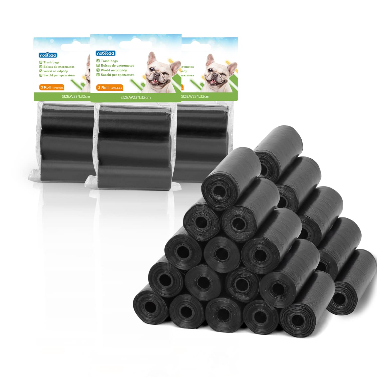 Nobleza Bolsas Caca Perro, 1080 Unidades Bolsas Excrementos Perros, Extra Grueso, Fuerte y a Prueba. 3 Rollos por Pack, 72 Rollos, Color Negro