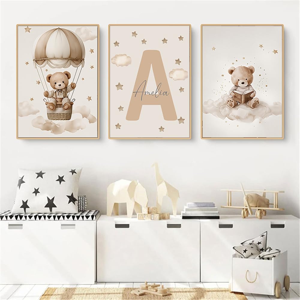 3 Affiche Ours Prenom 30X40CM Poster Ourson Bebe Tableau Decoration Murale Nounours Toile Chambre Enfant Garçon Affiche Personnalisée Enfant Beige Tableau Ourson Chambre Bébé Cadeau sans Cadre