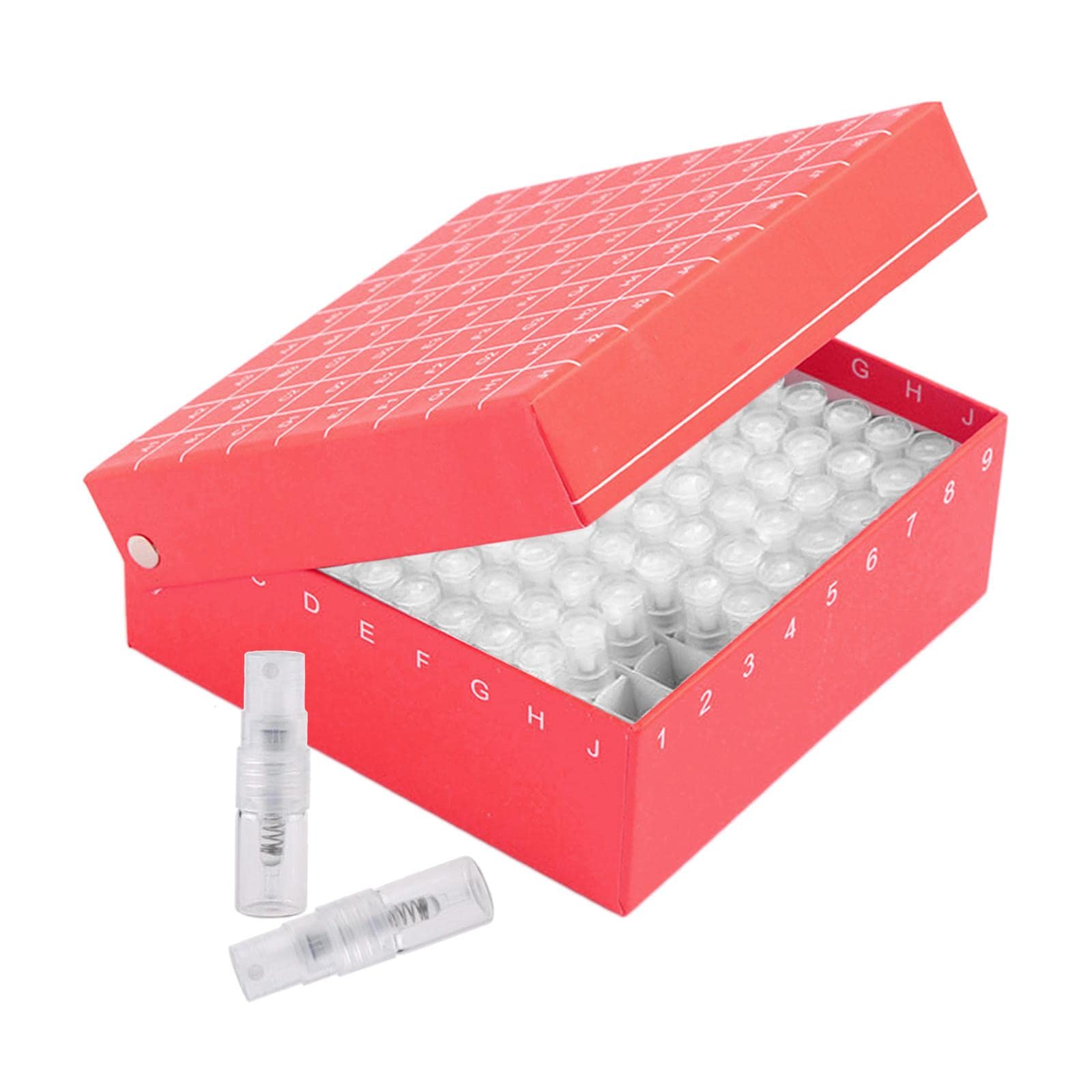 81 flaconi spray trasparenti portatili ricaricabili con organizer in polipropilene, design a ioni di perdite, materiali ecologici, mini oli essenziali da viaggio, custodia rossa