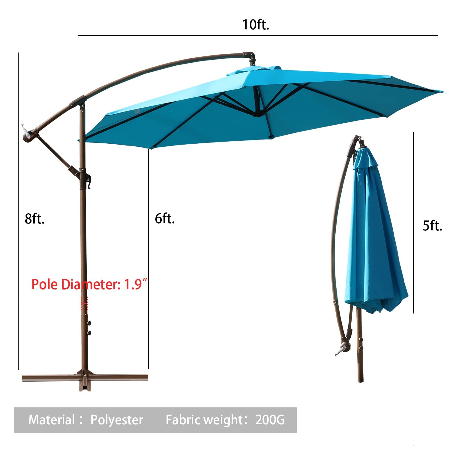Aoodor Offset Patio Umbrella 10‘ Cantilever Hanging Market Umbrella Water Resistant UV Protection Blue- Base Stand is Included