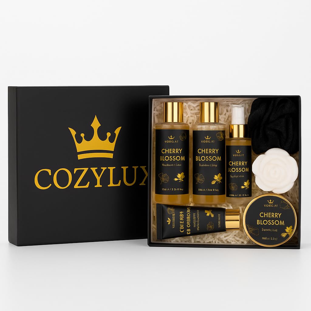 Cozylux Cherry Bossom Spa Gift, Gift Set for Women 8 Piece Shower Gift, Bubble Bath ,Shower Gel, Soap, Hand&Body Cream & Mist