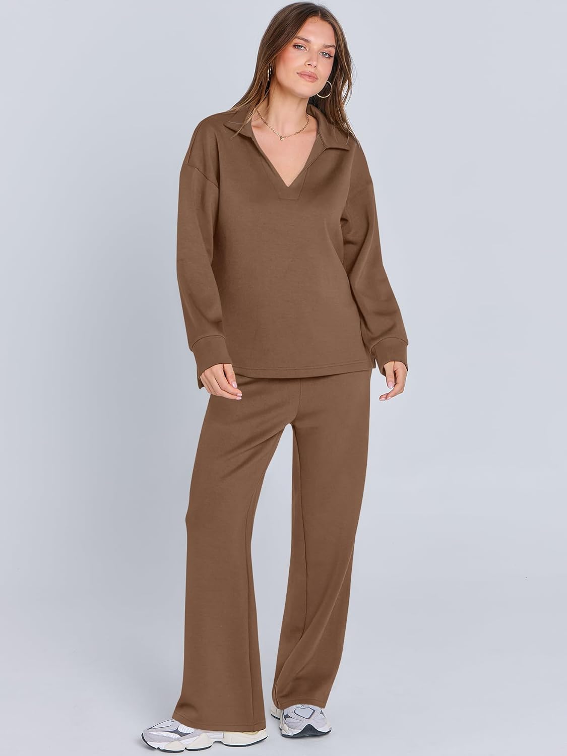 ANRABESS Women's 2 Piece Outfits Lounge Sets Casual Long Sleeve Sweatsuits Polo Top Wide Leg Pants Fall Sweat Matching Sets - Image 3